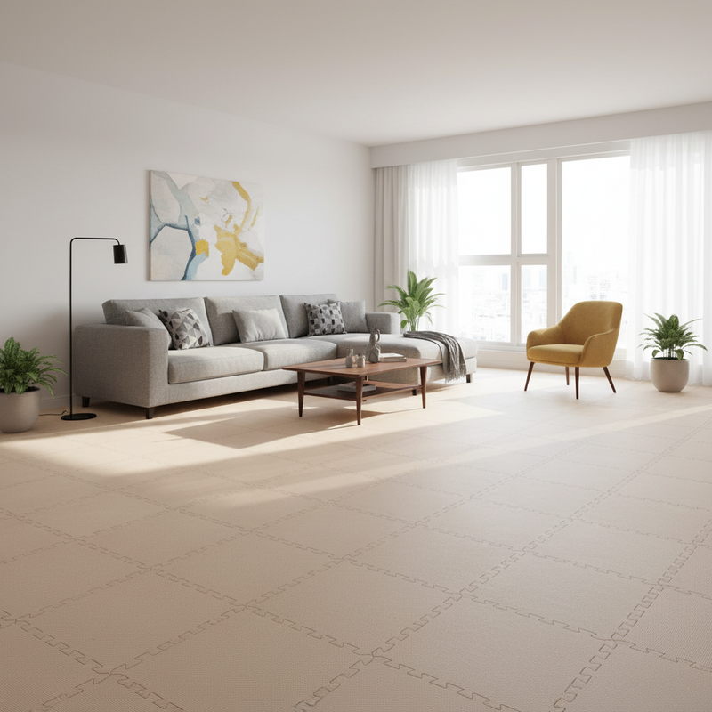 Beige EVA Foam Interlocking Floor Tiles in modern living room