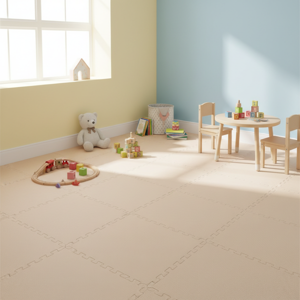 Beige EVA Foam Interlocking Floor Tiles in bright nursery children's playroom