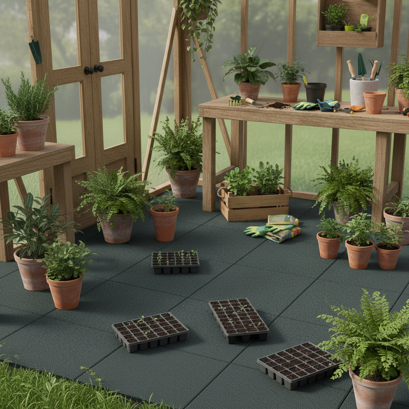 Greenhouse Rubber Mats installed on allotment greenhouse floor with seedlings
