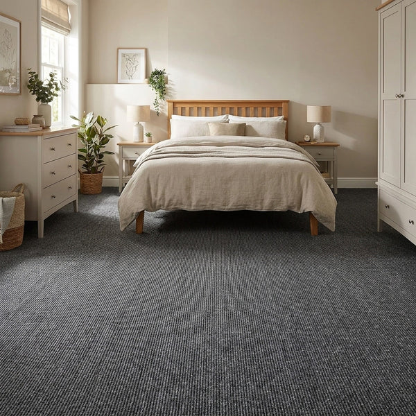 Carpet tiles installed in UK home bedroom with double bed