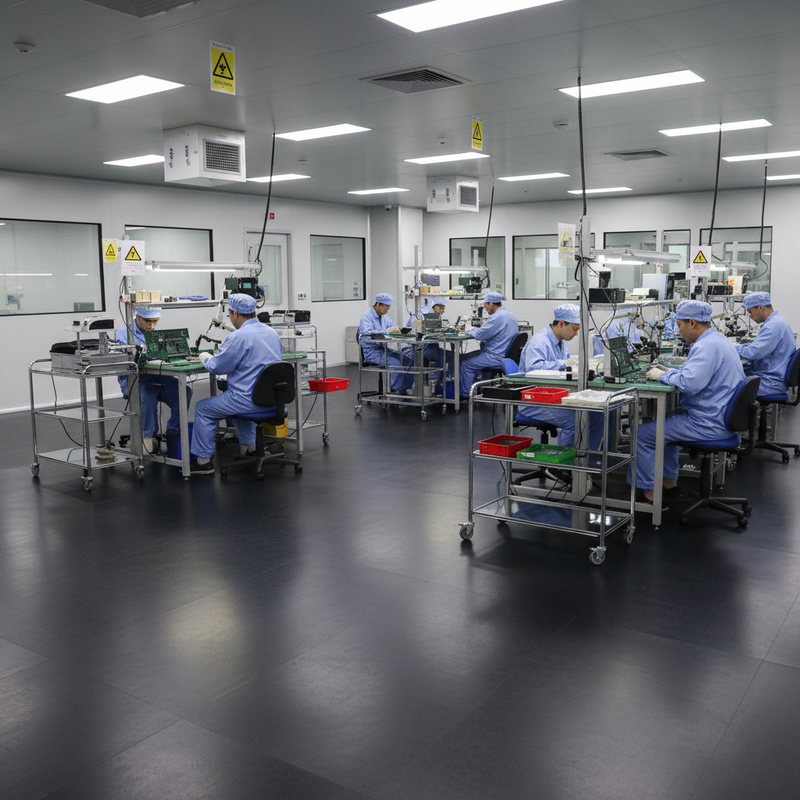 Anti-static rubber mat in electronics manufacturing facility - ESD safe workstation