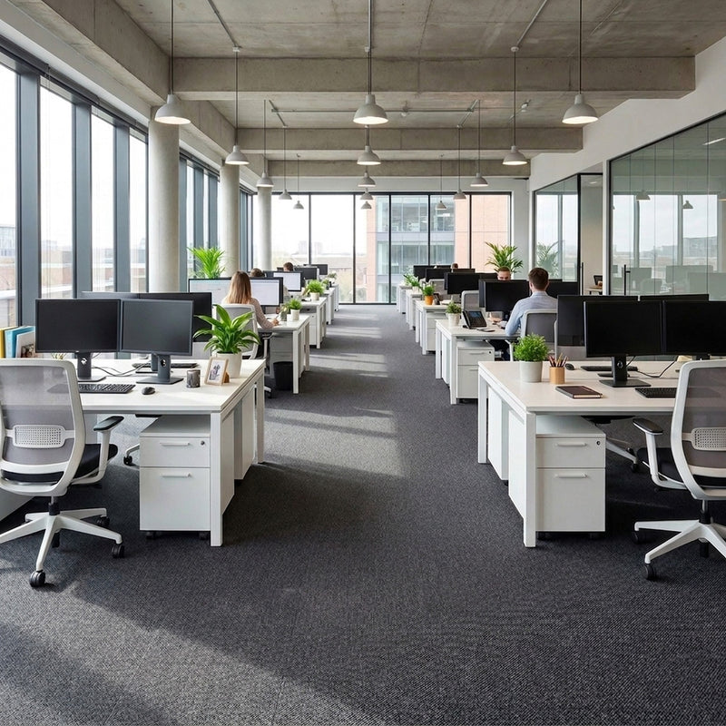 Heavy duty carpet tiles in UK commercial office with rows of workstations