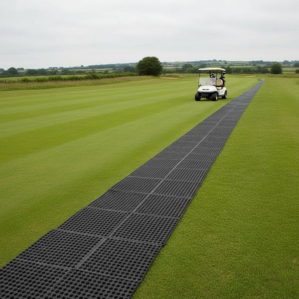 Rubber grass mats installed on golf course buggy path protecting fairway