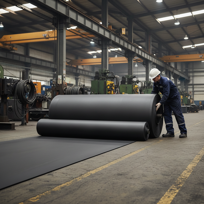 Worker Installing Plain Black Rubber Flooring Roll Factory Floor