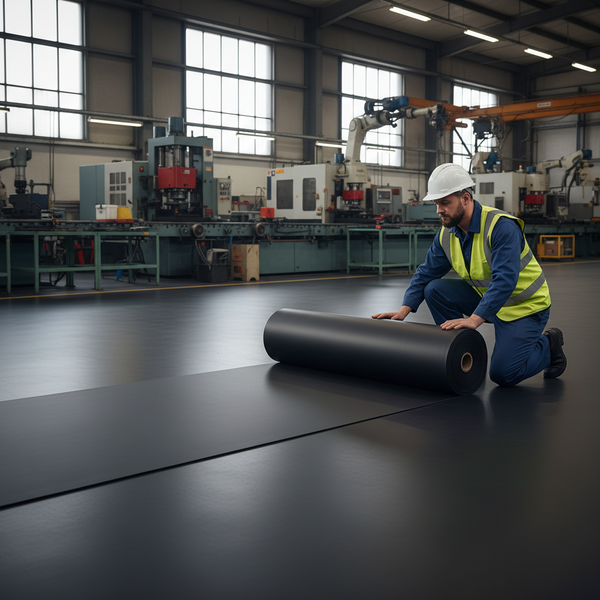 Factory Floor Plain Rubber Sheet with Worker Unrolling Industrial Rubber Roll