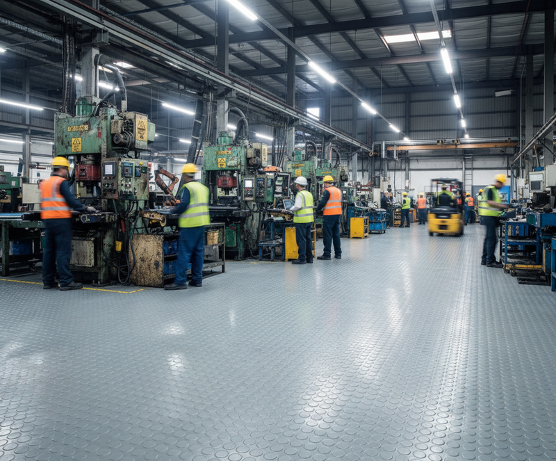 Factory Floor Rubber Studded Penny Pattern R11 Non-Slip Heavy Duty Roll - industrial mat UK - product hero shot showing full dimensions