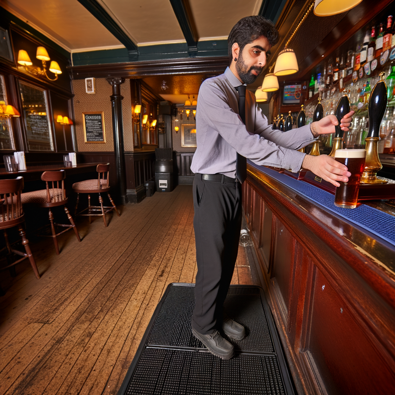 British bartender on anti-fatigue mat in UK pub
