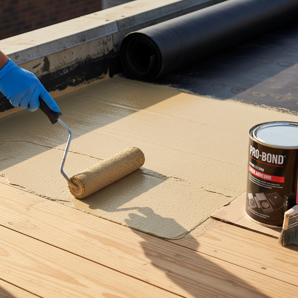 EPDM water-based adhesive being applied to flat roof deck