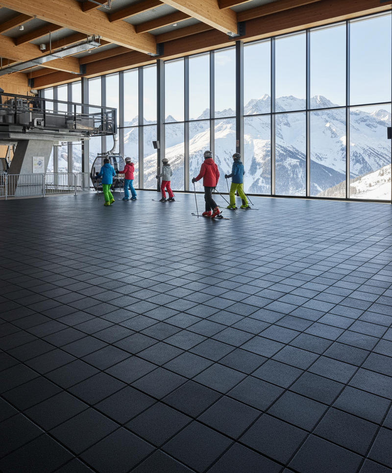 Cable car station rubber floor tiles 500mm x 500mm winter sports flooring