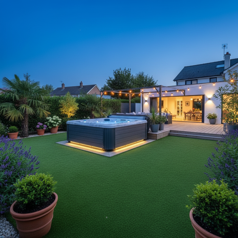 Artificial grass installed around hot tub in modern UK garden
