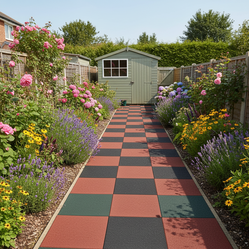 Weather Resistant Garden Rubber Tiles on British garden path between flower beds