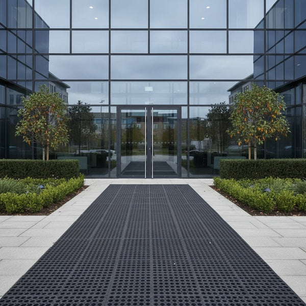 Rubber grass mat at commercial building entrance providing anti-slip access