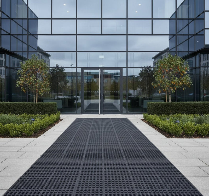 Rubber grass mat at commercial building entrance providing anti-slip access