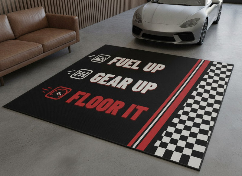 Fuel Up Gear Up Floor It racing parking rug with chequered flag panel in a car lounge with a silver sports car