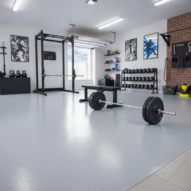 GymGuard 17mm Solid Rubber Gym Mat 100cm x 100cm - Garage Gym Setting