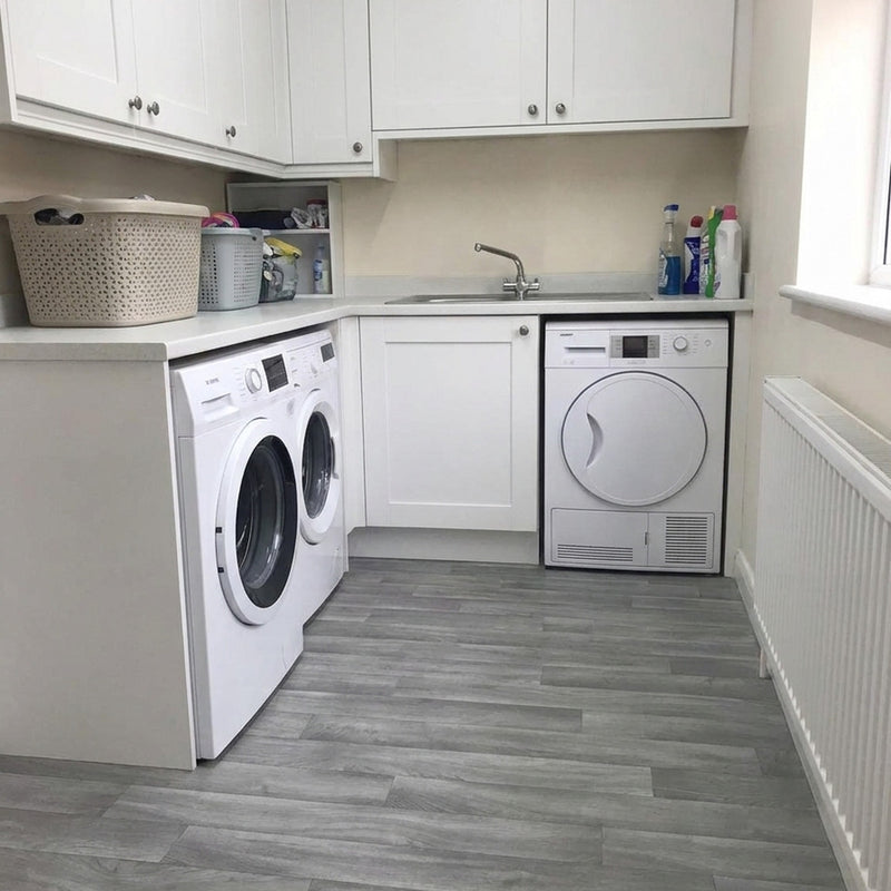 Grey oak vinyl lino flooring in UK utility room