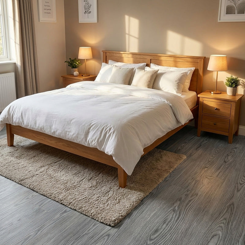 Grey self-adhesive vinyl planks in UK bedroom