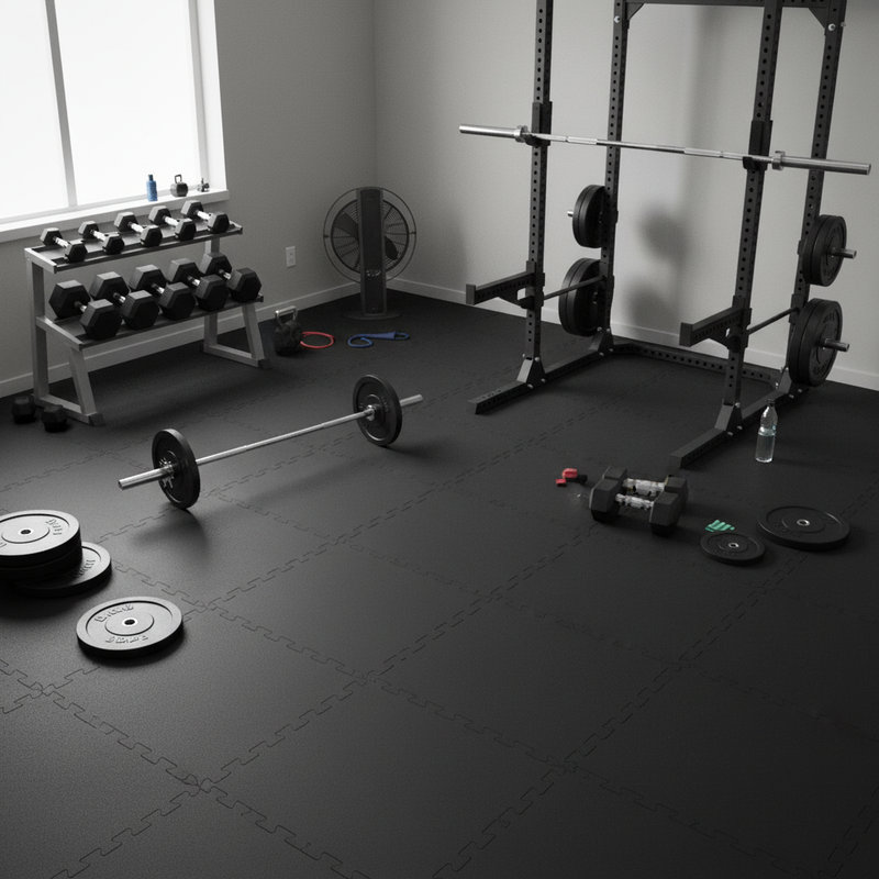 12mm Rubber Gym Tiles in UK Home Gym with Barbells Dumbbells and Squat Rack