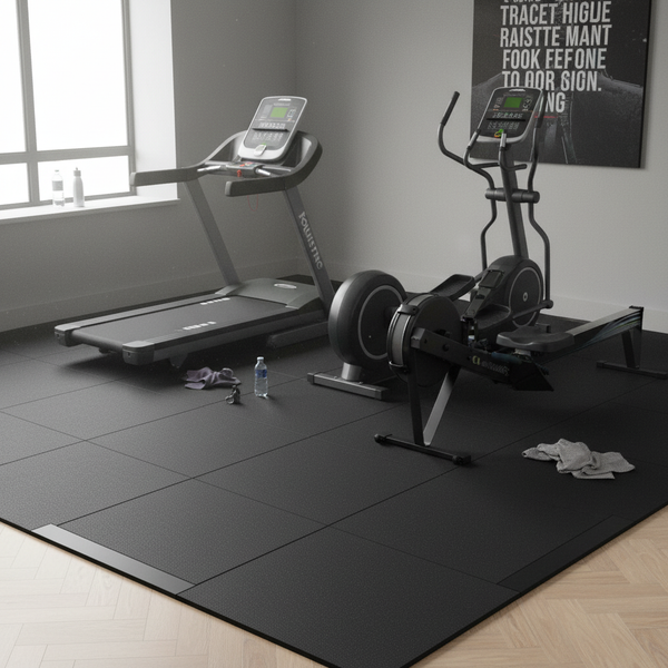 Black Rubber Gym Tiles under Treadmill and Rowing Machine in Home Gym