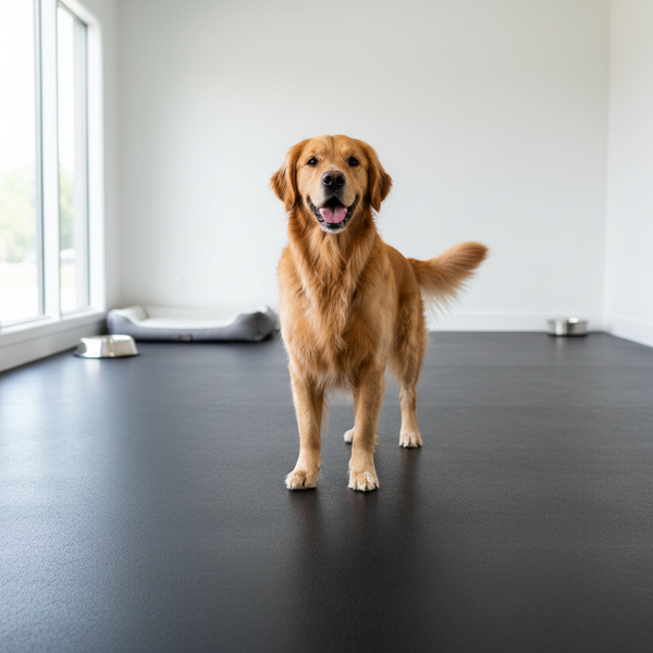 Indoor kennel with dog on plain black rubber flooring