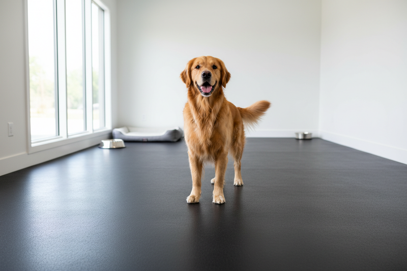 Indoor kennel with dog on plain black rubber flooring