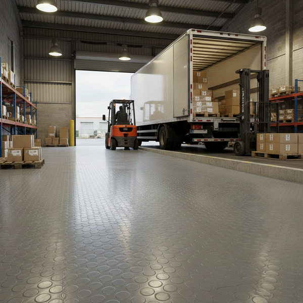 Loading Bay Rubber Flooring Studded Penny Pattern R11 Non-Slip Heavy Duty Roll - industrial mat UK - product hero shot showing full dimensions