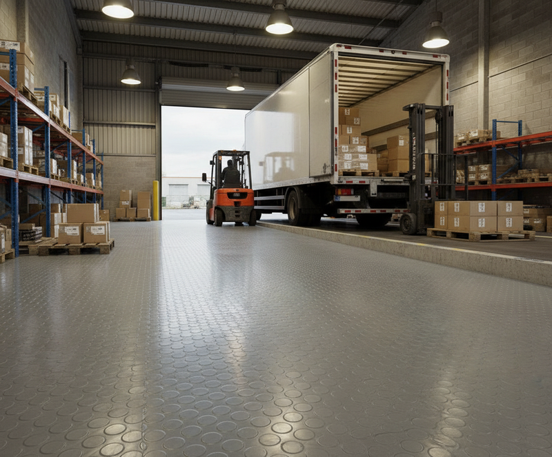 Loading Bay Rubber Flooring Studded Penny Pattern R11 Non-Slip Heavy Duty Roll - industrial mat UK - product hero shot showing full dimensions