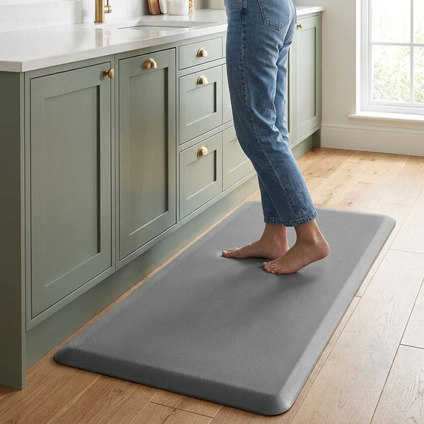 Grey cushioned anti-fatigue kitchen mat in UK kitchen