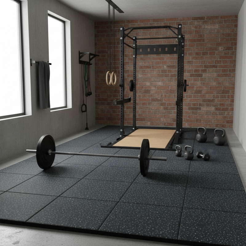 MatPro 20mm Sprung Fleck Rubber Tiles in home garage gym