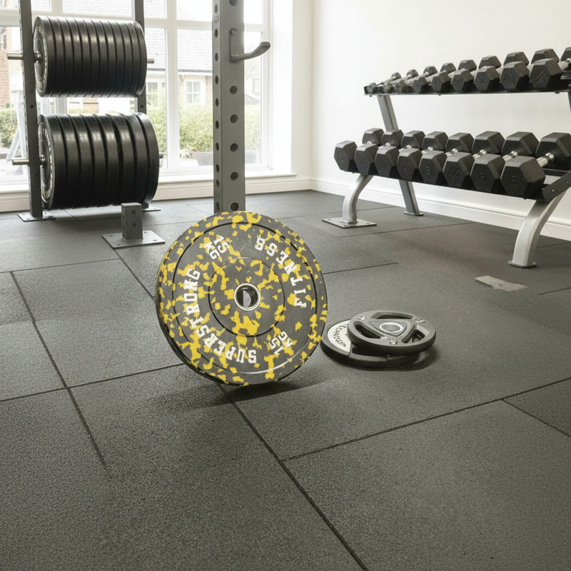 MatPro 43mm Acoustic Gym Tiles installed in professional home gym with weight rack