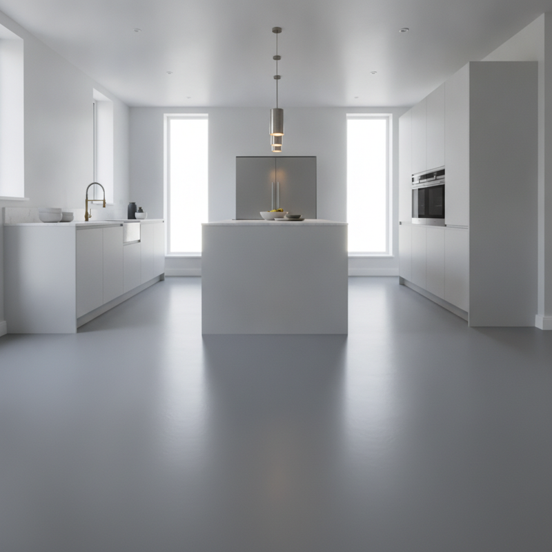Mid-grey smooth matte rubber flooring in a contemporary UK kitchen — 1.9m wide waterproof non-slip rubber roll