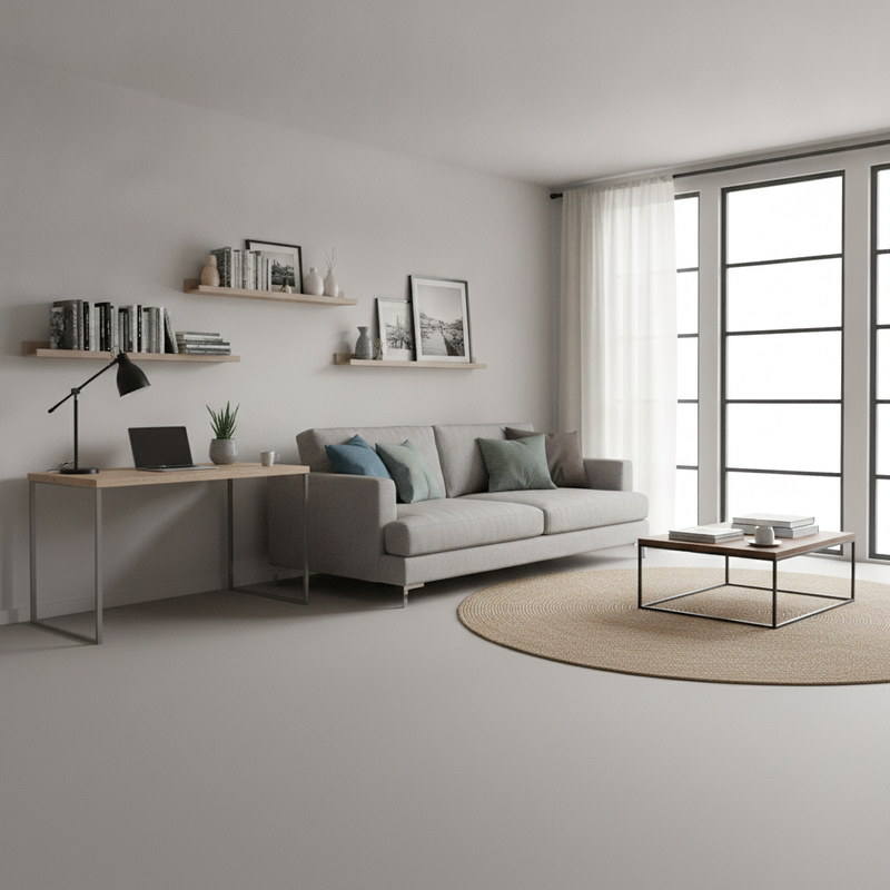 Mid-grey natural rubber flooring in a modern UK living room — sustainable smooth matte rubber roll 1.9m wide
