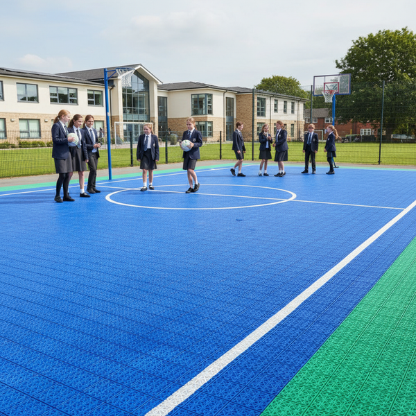Interlocking Multi-Sport Outdoor Tiles showing MUGA installation at UK school playground