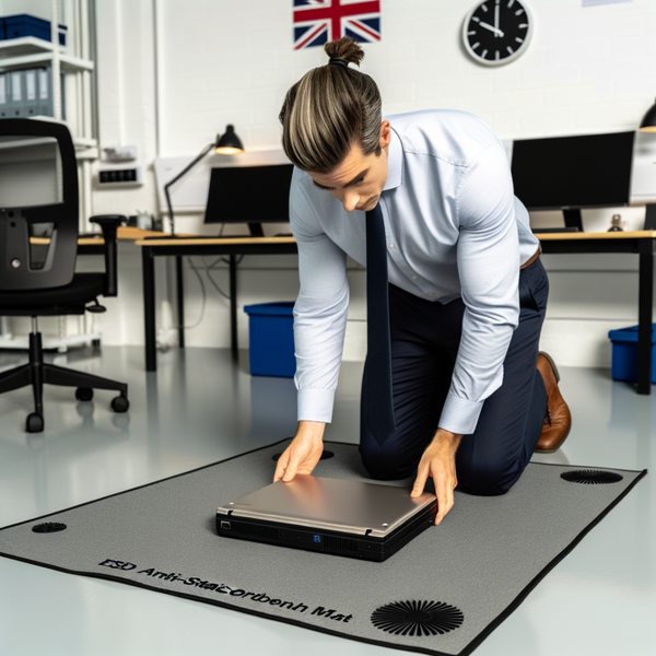 British IT technician repairing computer on ESD mat in UK office