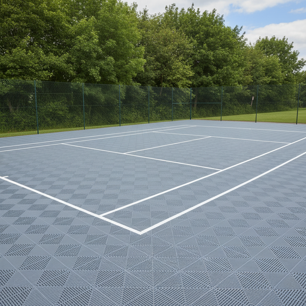 MUGA Sports Court Flooring showing professional tennis court installation with UK leisure centre