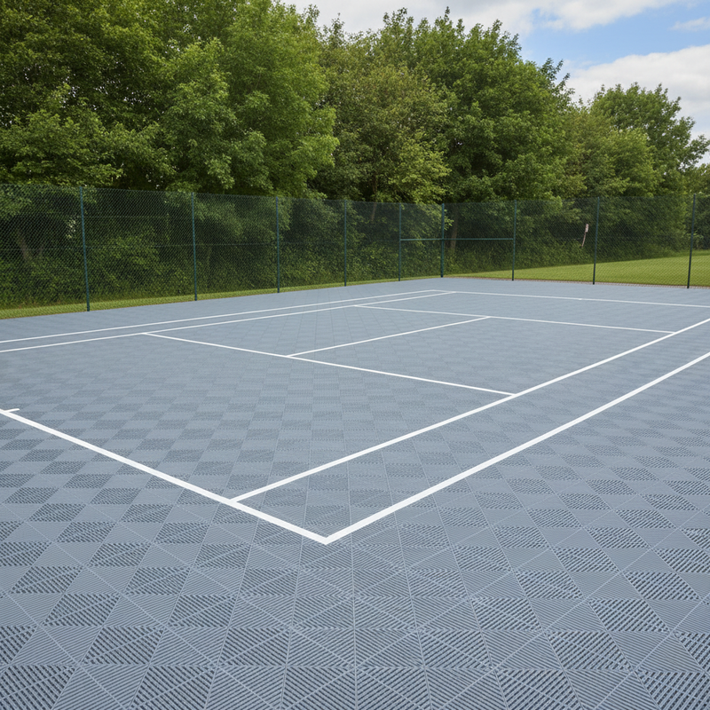 MUGA Sports Court Flooring showing professional tennis court installation with UK leisure centre