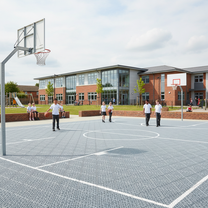 MUGA Multi-Use Games Area tiles installed as school basketball court in UK playground setting