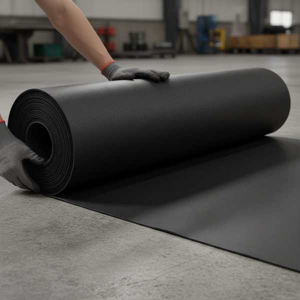 Black Natural Rubber Roll Being Unrolled on Factory Floor - Industrial Grade UK