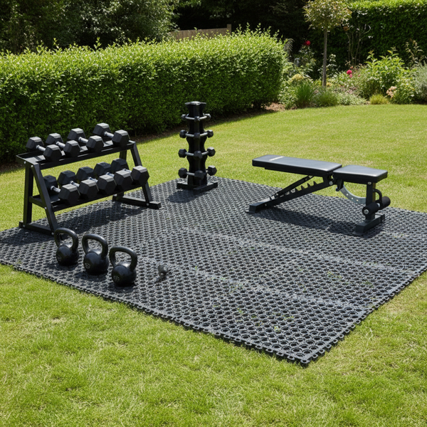 Outdoor gym rubber grass mat with hexagonal drainage holes - garden gym flooring UK