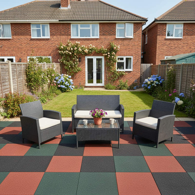 Outdoor Rubber Garden Patio Tiles 30mm - Non-Slip Black 50cm x 50cm