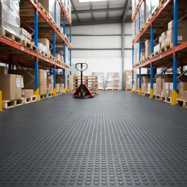 MatPro Interlocking PVC Floor Tiles Penny Pattern Black Industrial Warehouse Installation