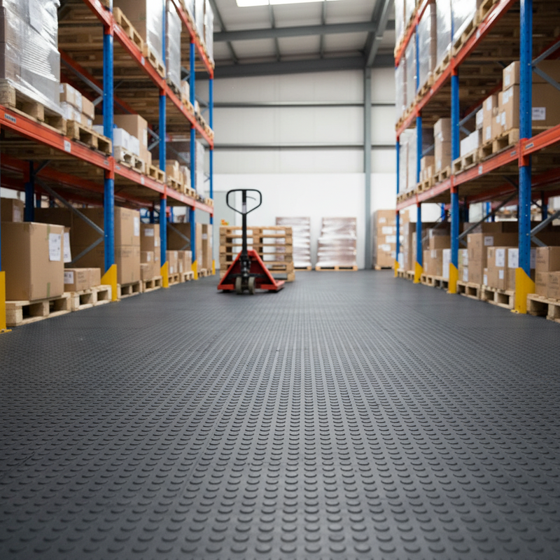 MatPro Interlocking PVC Floor Tiles Penny Pattern Black Industrial Warehouse Installation