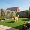 Pet friendly artificial grass with dog playing in UK garden