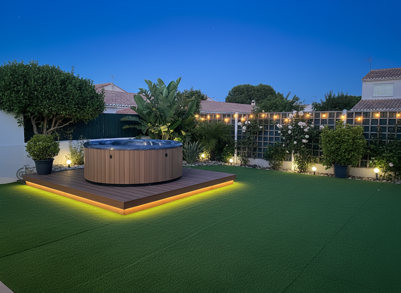 Synthetic grass installed around hot tub in UK garden