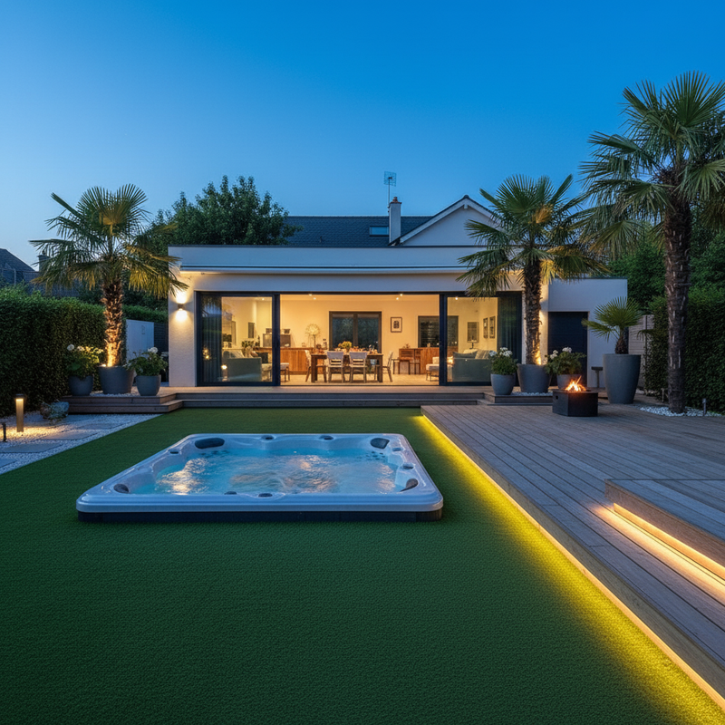Artificial pool grass around hot tub spa in British garden evening
