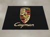 Porsche Cayman parking rug, 60 x 87 inch, with red, black and gold crest