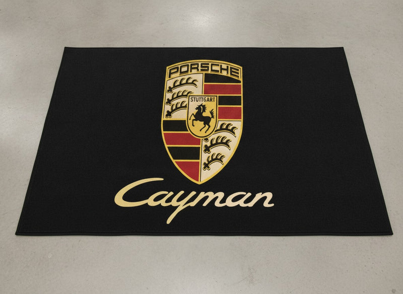 Porsche Cayman parking rug, 60 x 87 inch, with red, black and gold crest
