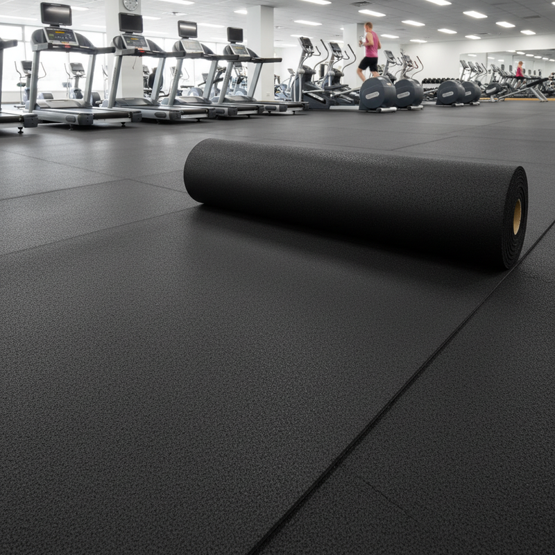 MatPro Jet Black Rubber Gym Flooring Roll 10m Commercial Fitness Centre Cardio Area Installation