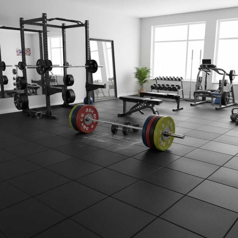 ProMat Heavy Duty Rubber Flooring in weightlifting area with Olympic barbells