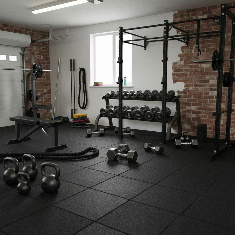 ProMat Interlocking Gym Flooring in CrossFit training area with kettlebells